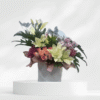 Elegant One-Sided Box Flower Arrangement with 4 White Asiatic Lilies, 10 Pink Roses & 3 Pink Daisies