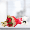 Romantic Flower Bouquet with Red Roses, Carnations, Oriental Lily, Teddy Bear & Dairy Milk Chocolates
