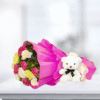 Flower Bouquet with 10/12/15 Mixed Colour Carnations & 6-Inch White Teddy
