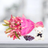 Flower Bouquet with 10 Oriental Pink Lilies, 6-Inch Teddy & 5 Dairy Milk Chocolates