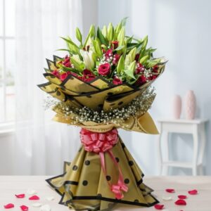 Pink Lilies & Red Roses Flower Bouquet