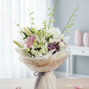White Orchids & Pink Lilies Flower Bouquet